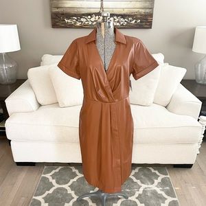 NWT M L Nine West maple brown faux leather vegan midi collard dress